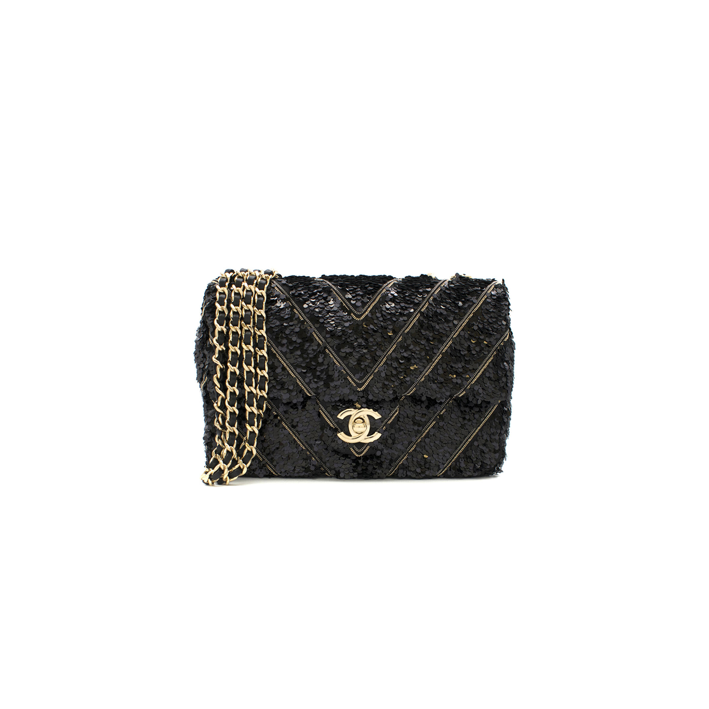 CHANEL CLASSIC FLAP BAG IN CHEVRON CHAIN & SEQUIN WITH BLACK CALFSKIN LINING AND GOLD HARDWARE (21*14*8cm)